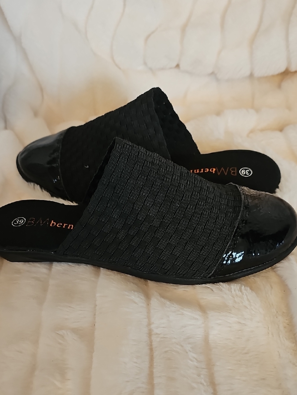 bernie mev. Black Woven Slide Mules